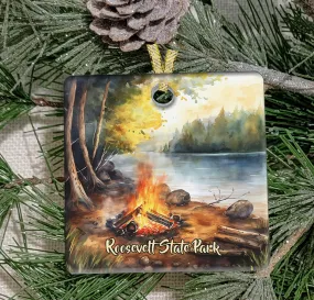 Christmas Ornament, Camping, Campfire, Frosted Acrylic, Square, name drop available