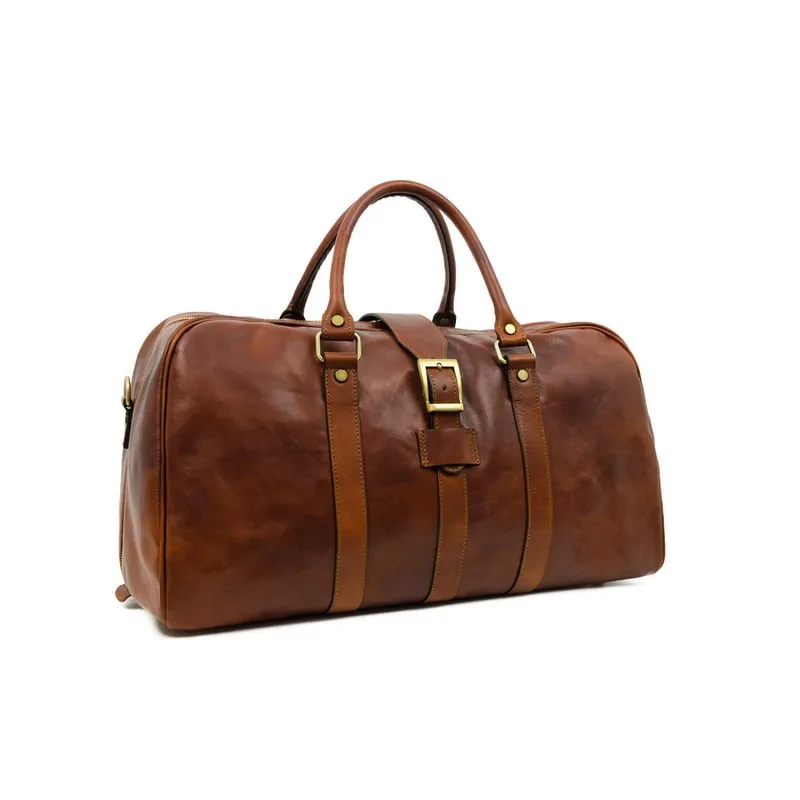 Cognac Brown Matte Italian Full Grain Leather Duffel Bag - Tender Is the Night