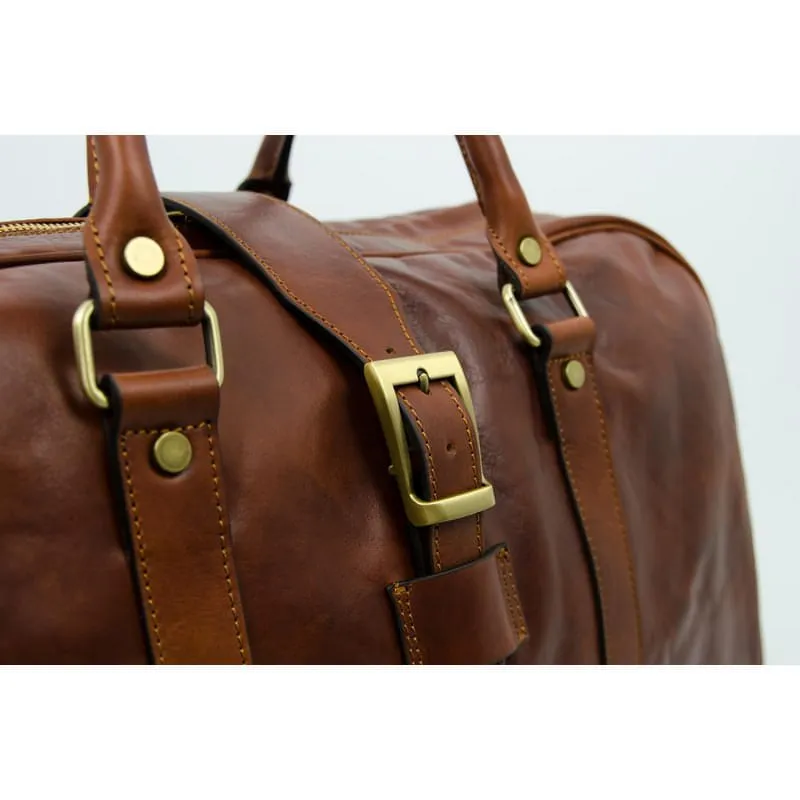 Cognac Brown Matte Italian Full Grain Leather Duffel Bag - Tender Is the Night