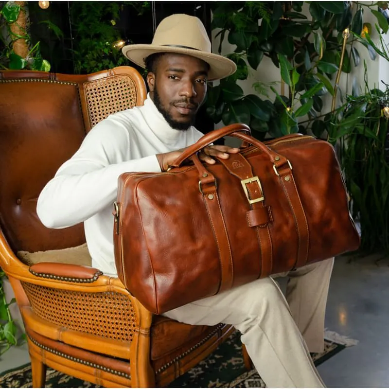 Cognac Brown Matte Italian Full Grain Leather Duffel Bag - Tender Is the Night