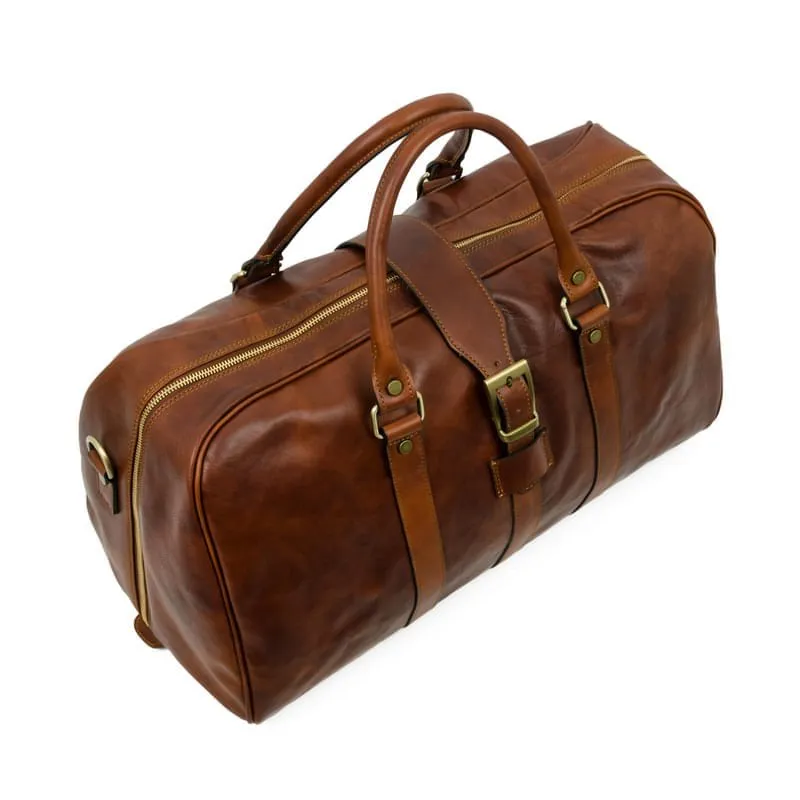 Cognac Brown Matte Italian Full Grain Leather Duffel Bag - Tender Is the Night