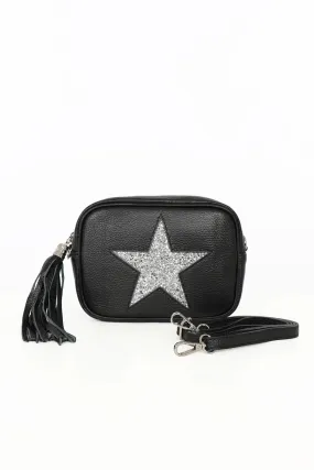 Cross Body Leather Bag Black Glitter Star