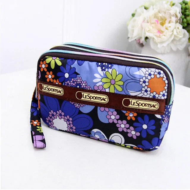 Cute Flaral 3 Zipper Women Clutch Cell Phone Bags Functional Day Clutches Evening  Coin Purse 2016