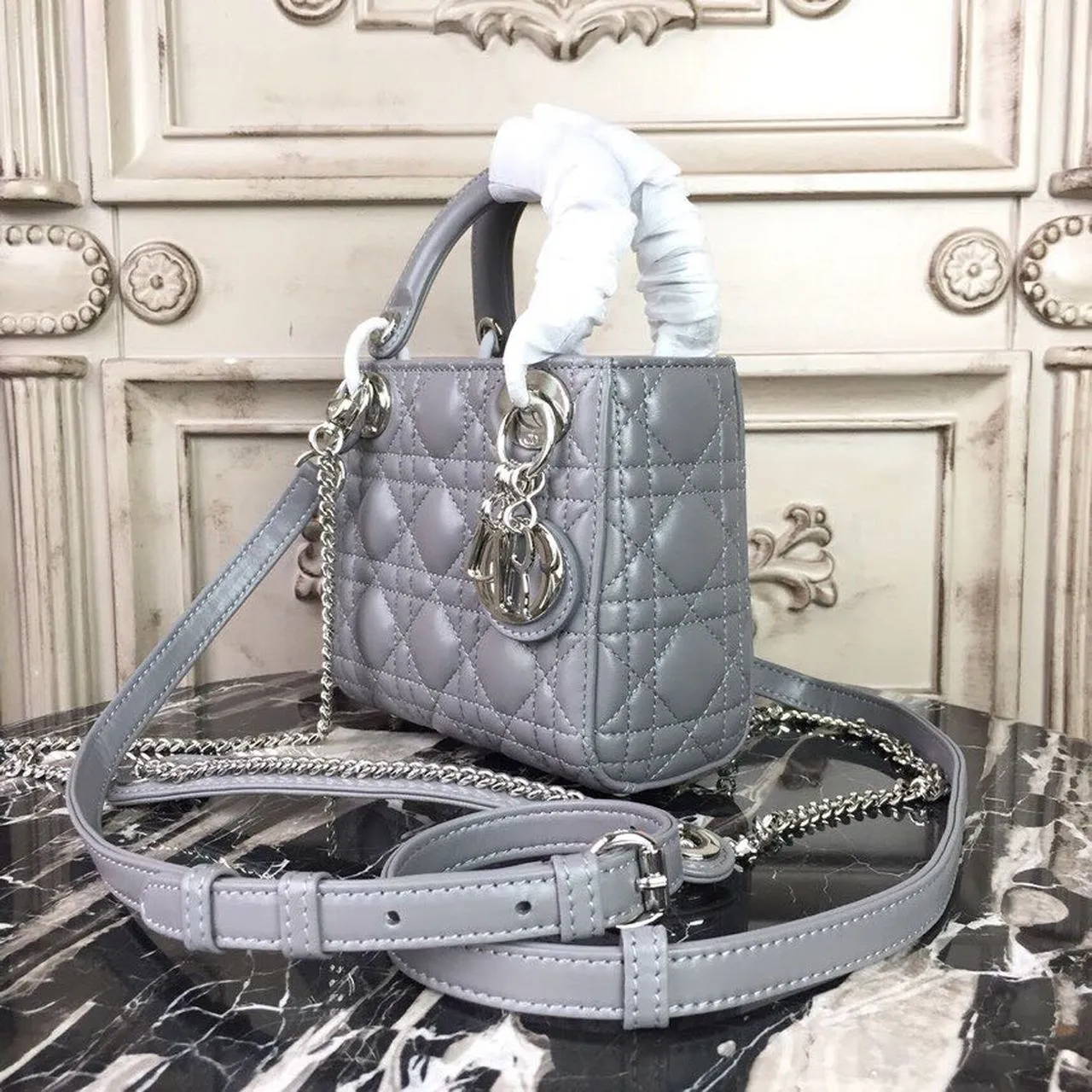 DI Mini Lady Bag 18cm with Chain Silver Hardware Lambskin Grey For Women 6.5in/17cm CD