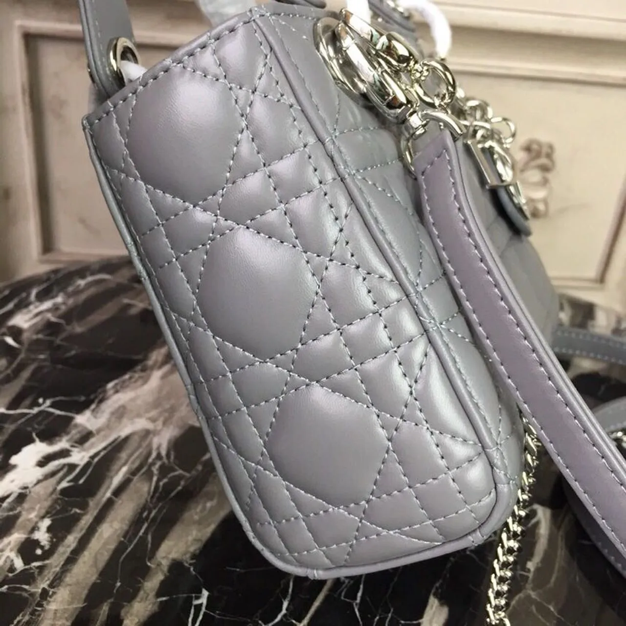 DI Mini Lady Bag 18cm with Chain Silver Hardware Lambskin Grey For Women 6.5in/17cm CD