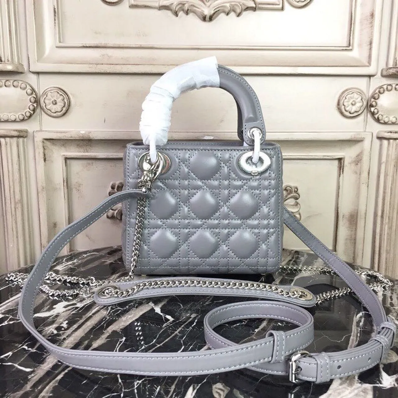 DI Mini Lady Bag 18cm with Chain Silver Hardware Lambskin Grey For Women 6.5in/17cm CD