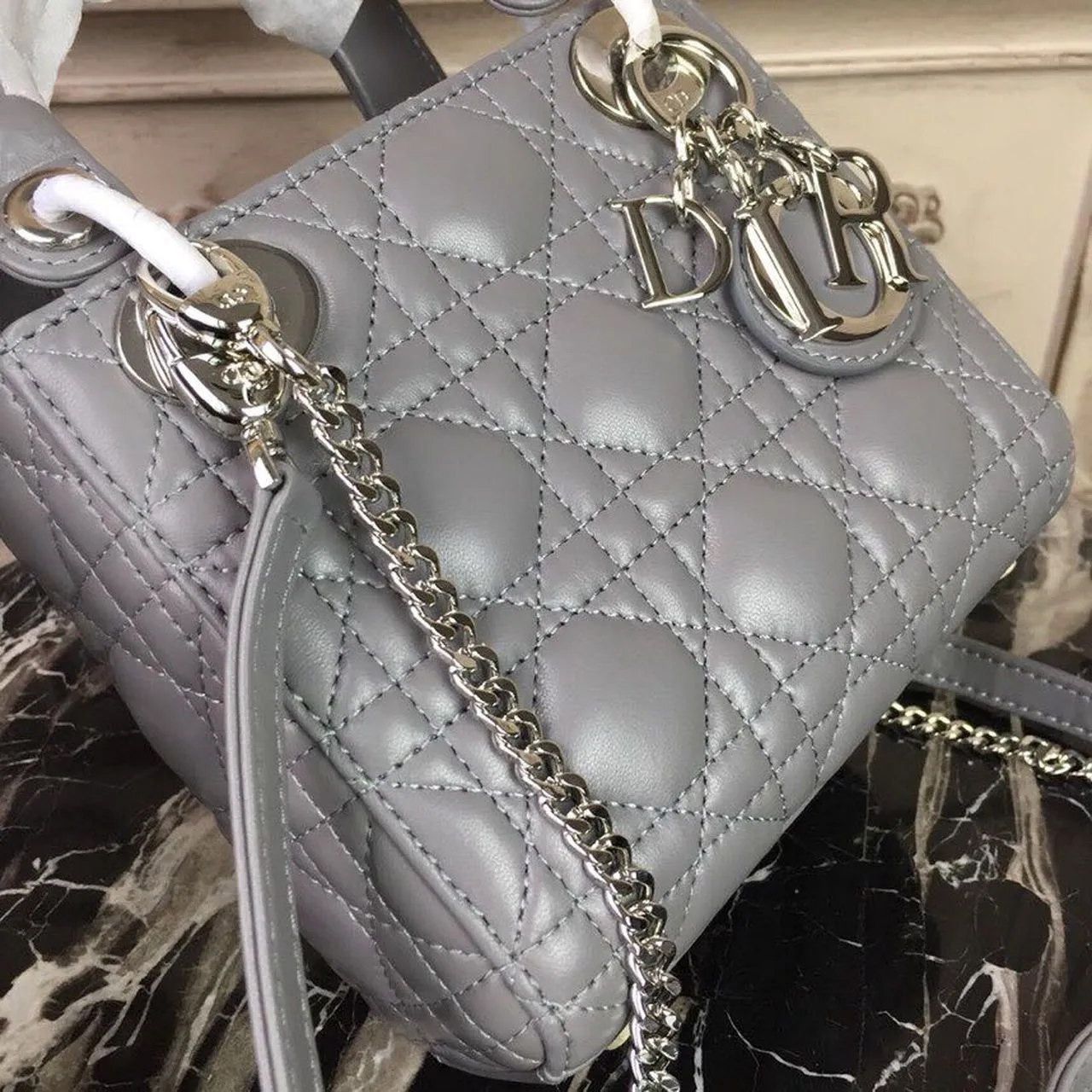 DI Mini Lady Bag 18cm with Chain Silver Hardware Lambskin Grey For Women 6.5in/17cm CD