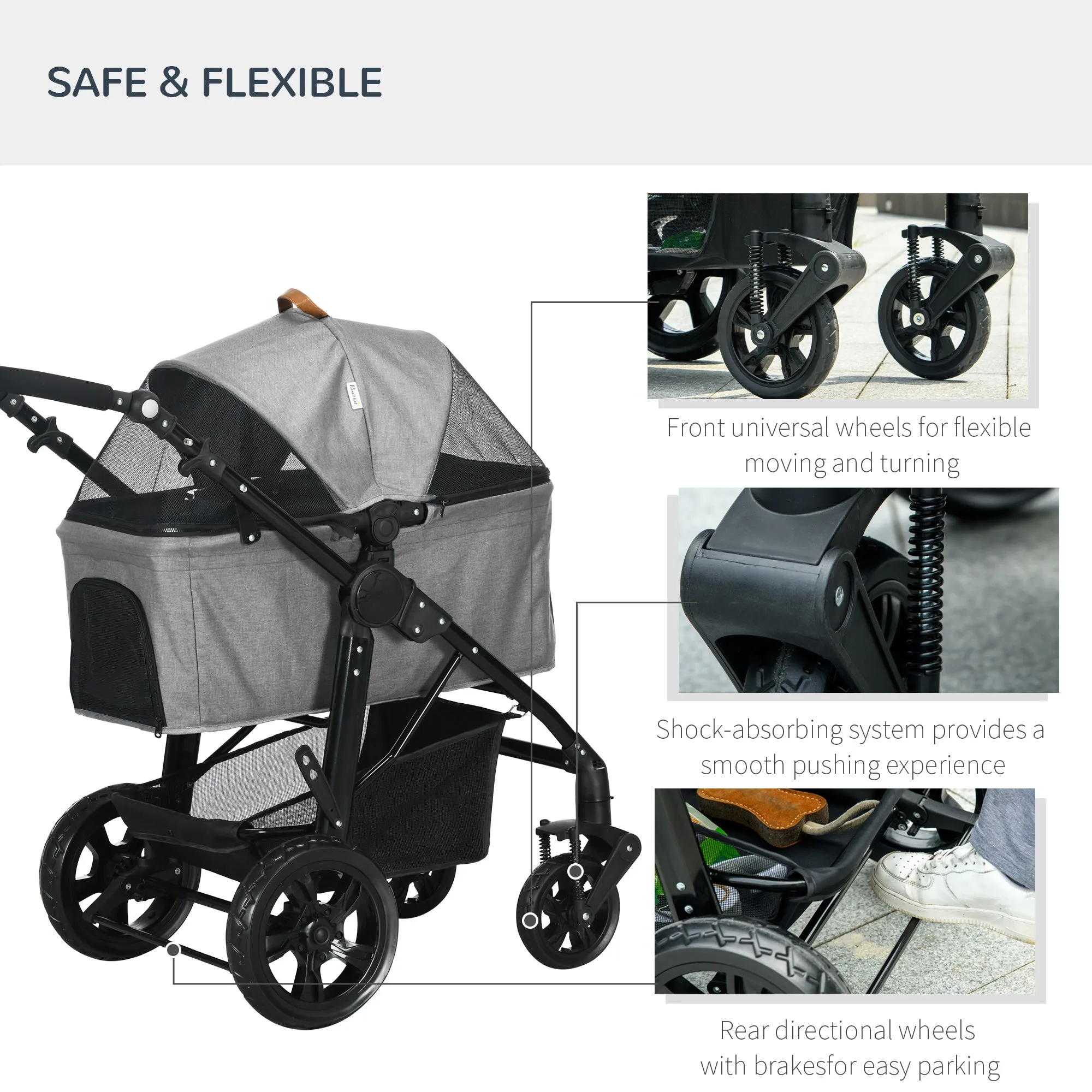 Dog Stroller Pushchair Detachable Pet Carrier Carrying Bag Foldable Trolley Shock absorbing System Adjustable Handlebar for Small Dogs Grey