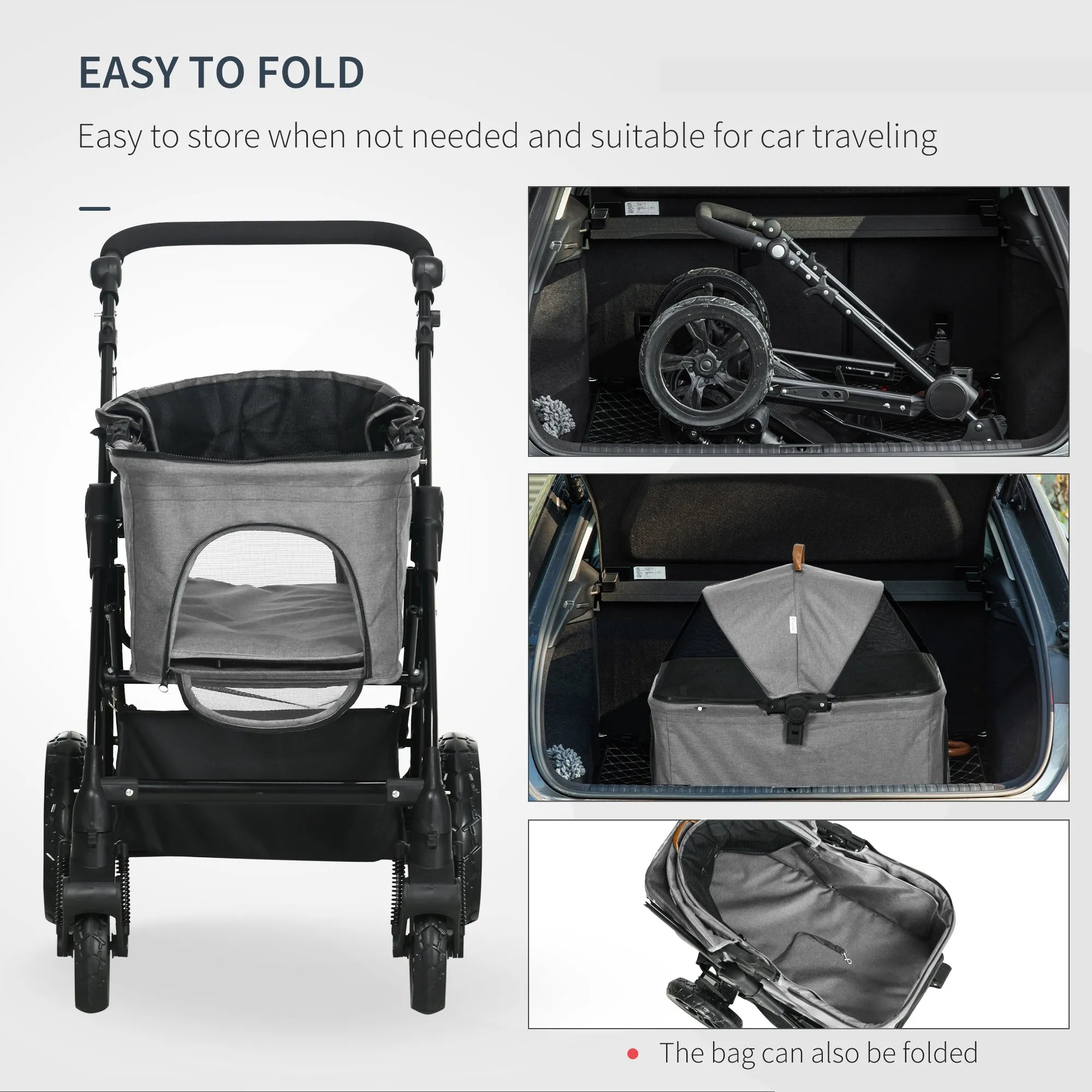 Dog Stroller Pushchair Detachable Pet Carrier Carrying Bag Foldable Trolley Shock absorbing System Adjustable Handlebar for Small Dogs Grey