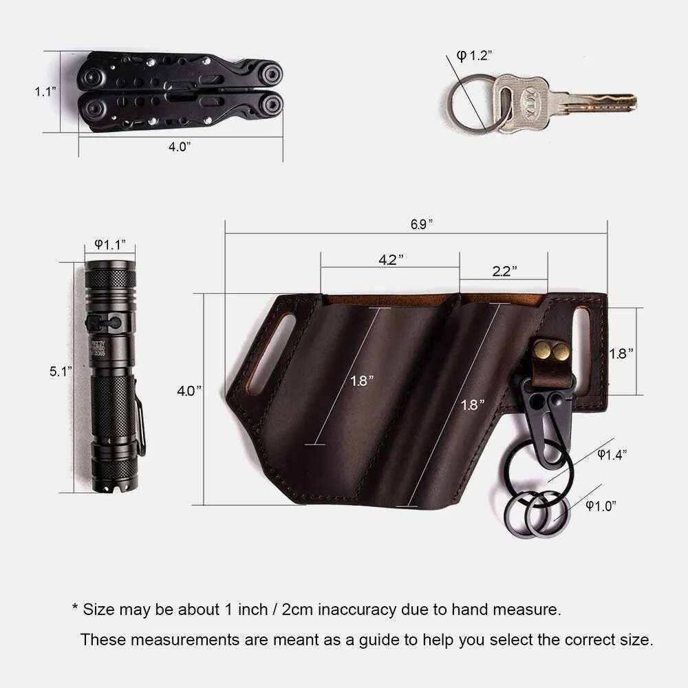 EDC Outdoor Genuine Leather Multifunction Flashlight Belt Sheath With Keychain Bag Waist