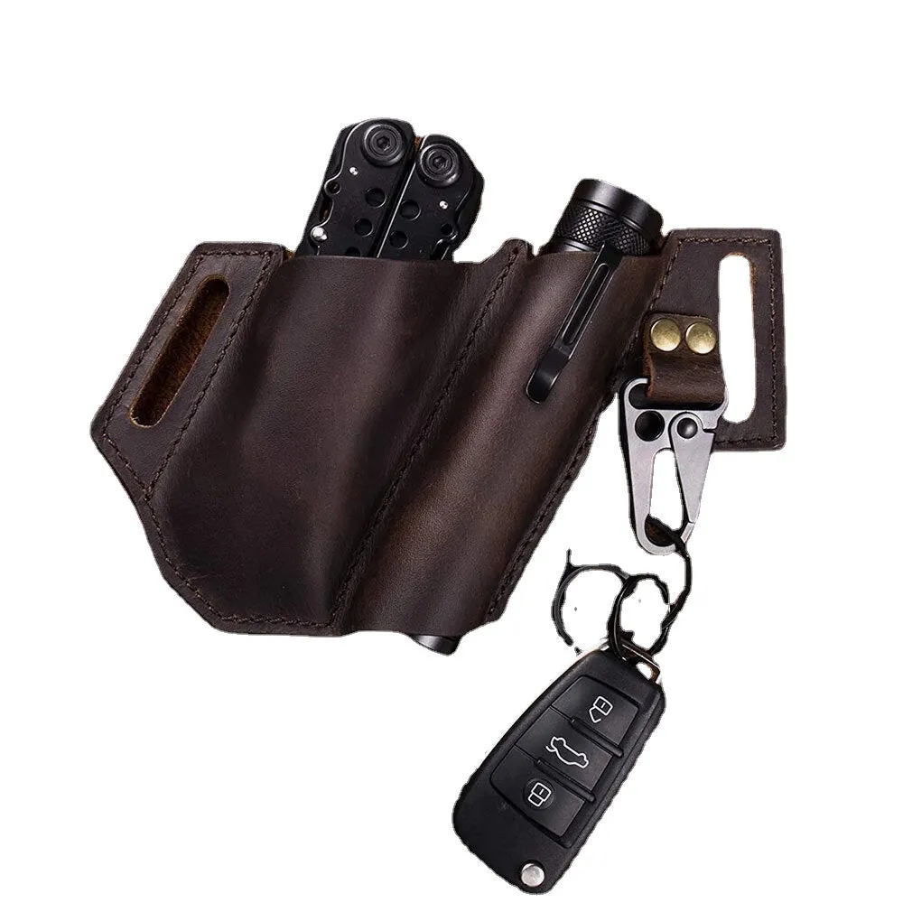 EDC Outdoor Genuine Leather Multifunction Flashlight Belt Sheath With Keychain Bag Waist