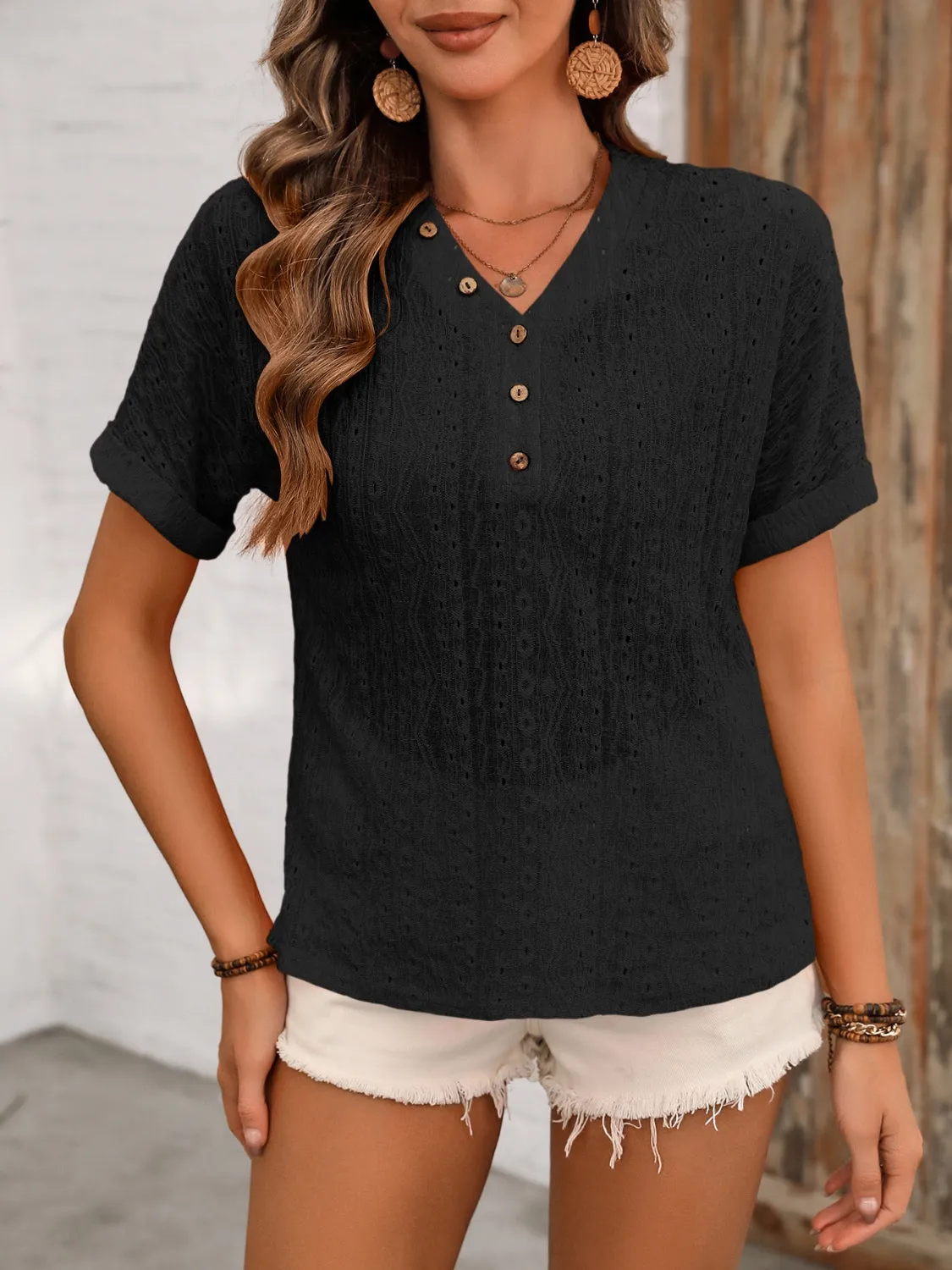 Eyelet V-Neck Short Sleeve Top