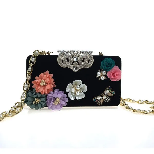 Floral Rhinestone Silk Evening Bag