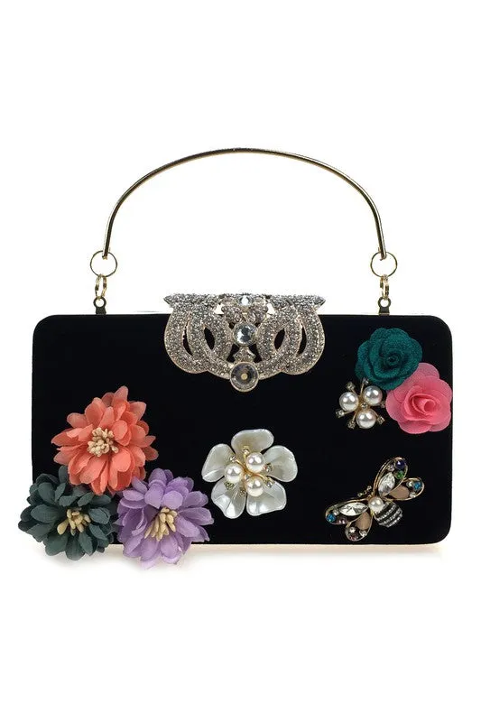 Floral Rhinestone Silk Evening Bag