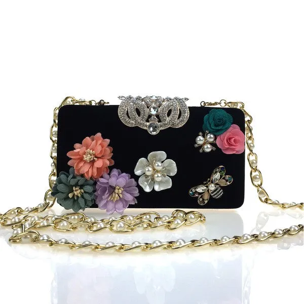 Floral Rhinestone Silk Evening Bag