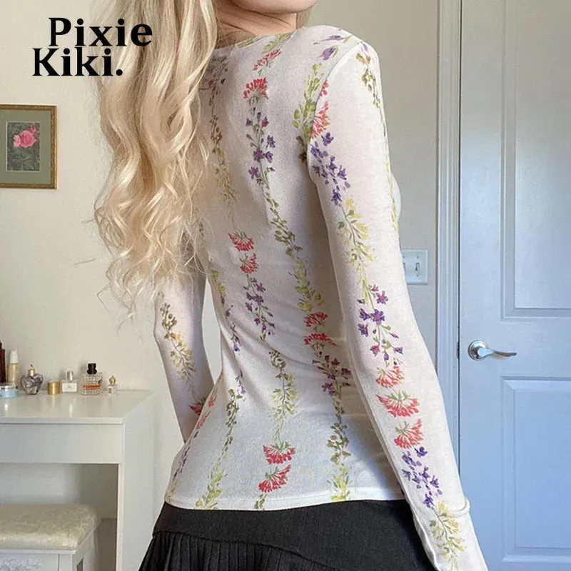 Flower Print White T Shirts Graphic Tee Y2k 2000s Transparent Long Sleeve Top Fall Clothes 2024 Women P67-BC10