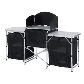 Folding Camping Kitchen Cooking Table With Windscreen, Enclosed Cupboards, Aluminium Frame for BBQ, Party, Picnic