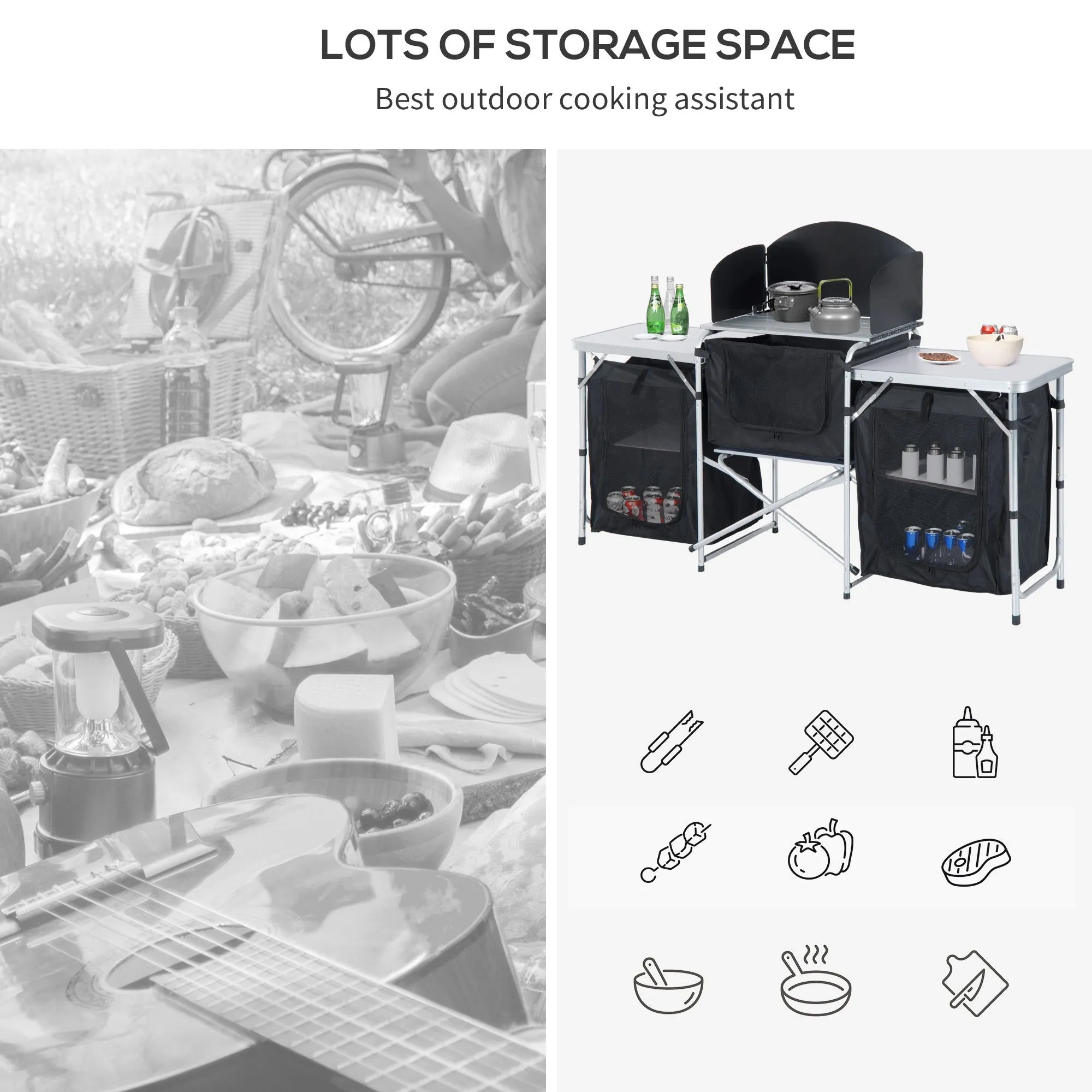 Folding Camping Kitchen Cooking Table With Windscreen, Enclosed Cupboards, Aluminium Frame for BBQ, Party, Picnic