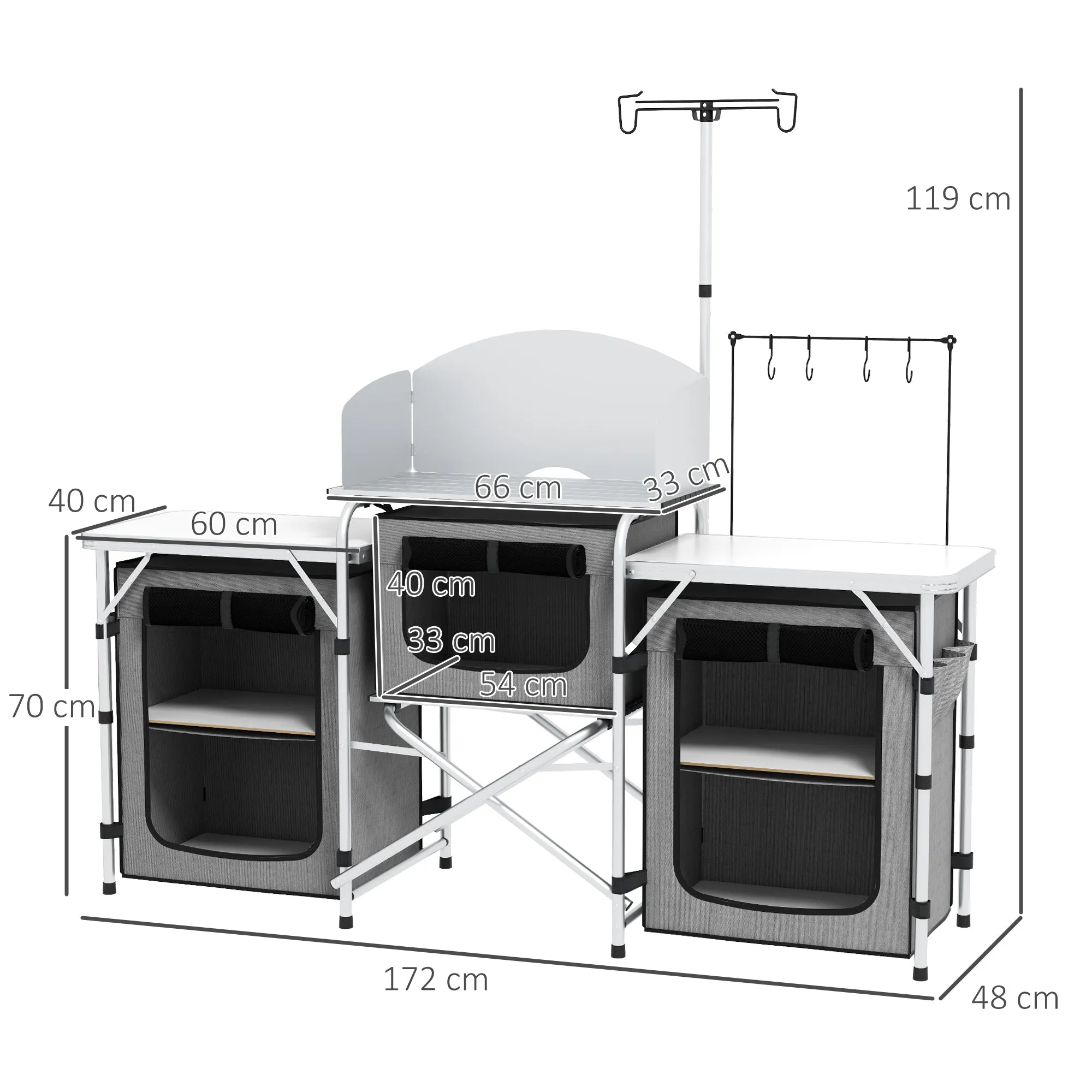 Folding Camping Kitchen, Portable Aluminium Camping Table w/ 3 Fabric Cupboards, Windshield, Stand, Carrying Bag for BBQ, RV