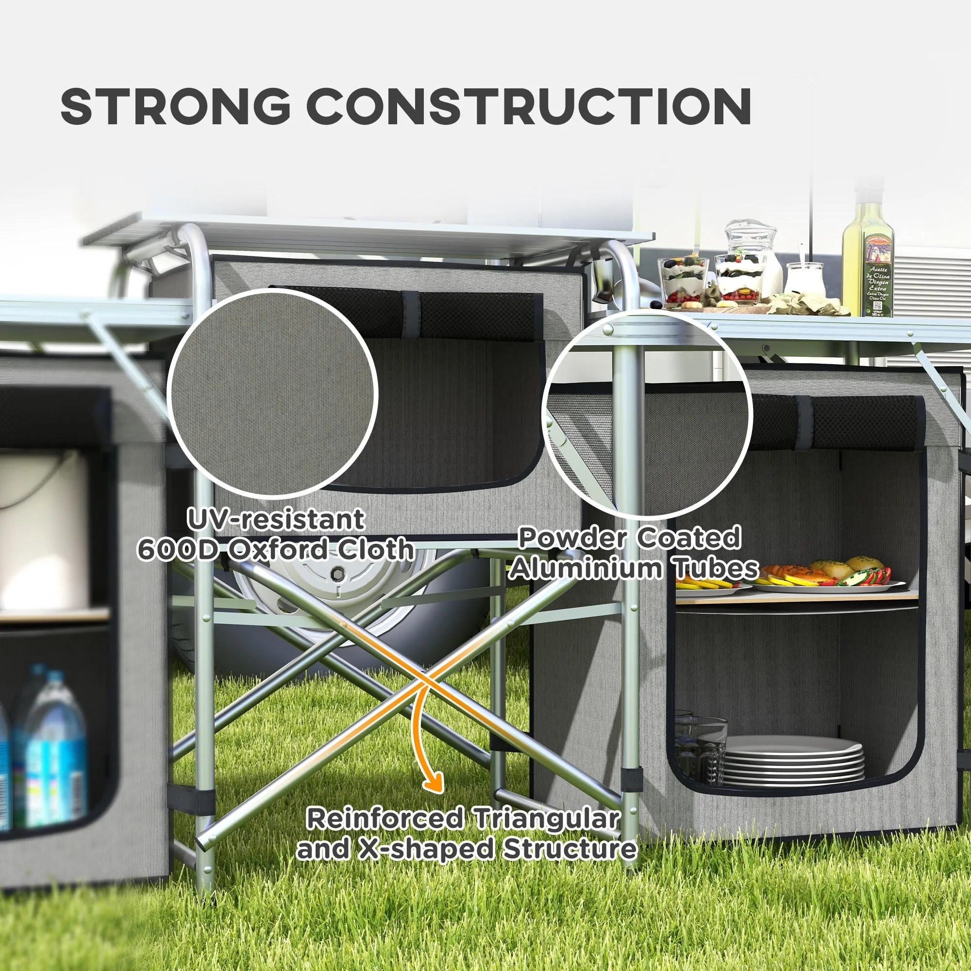 Folding Camping Kitchen, Portable Aluminium Camping Table w/ 3 Fabric Cupboards, Windshield, Stand, Carrying Bag for BBQ, RV