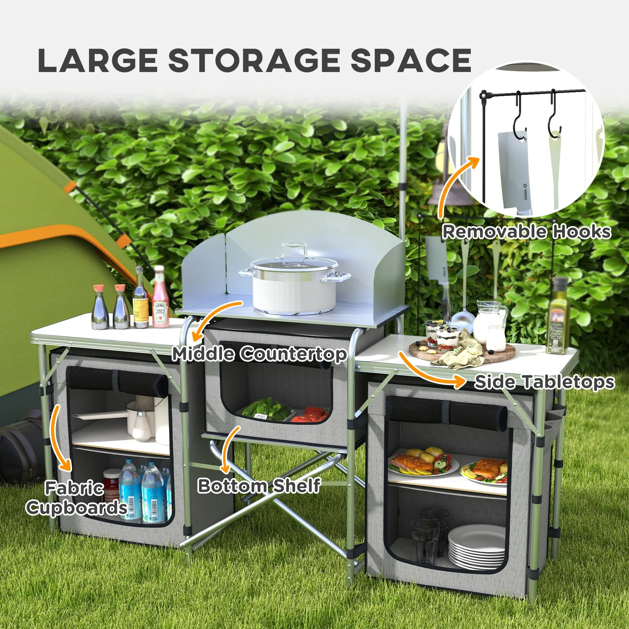 Folding Camping Kitchen, Portable Aluminium Camping Table w/ 3 Fabric Cupboards, Windshield, Stand, Carrying Bag for BBQ, RV