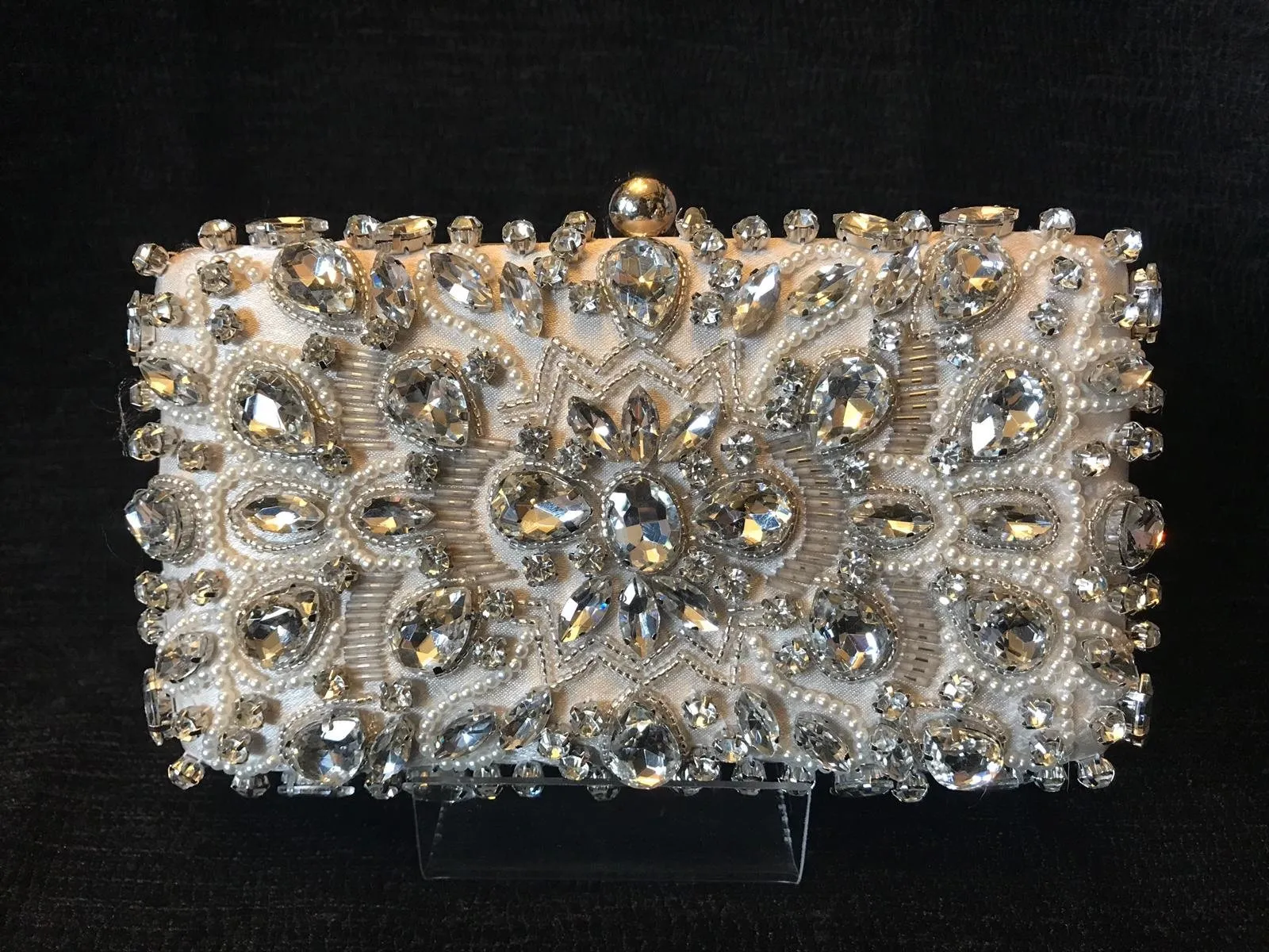 Heavily Embellished Gemstone & Pearl Square Structured Clutch Bag- Apricot