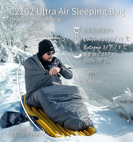 [Hyperax ft Litume][C2102-71] Down Ultra Air Mummy Sleeping Bag 1lbs 68-43°F, 700 Fill Power Sleep Sack for 3 Season, Ultra Lightweight, Compact and Portable, for Hiking Traveling Camping Backpacking Adult Outdoor Durable