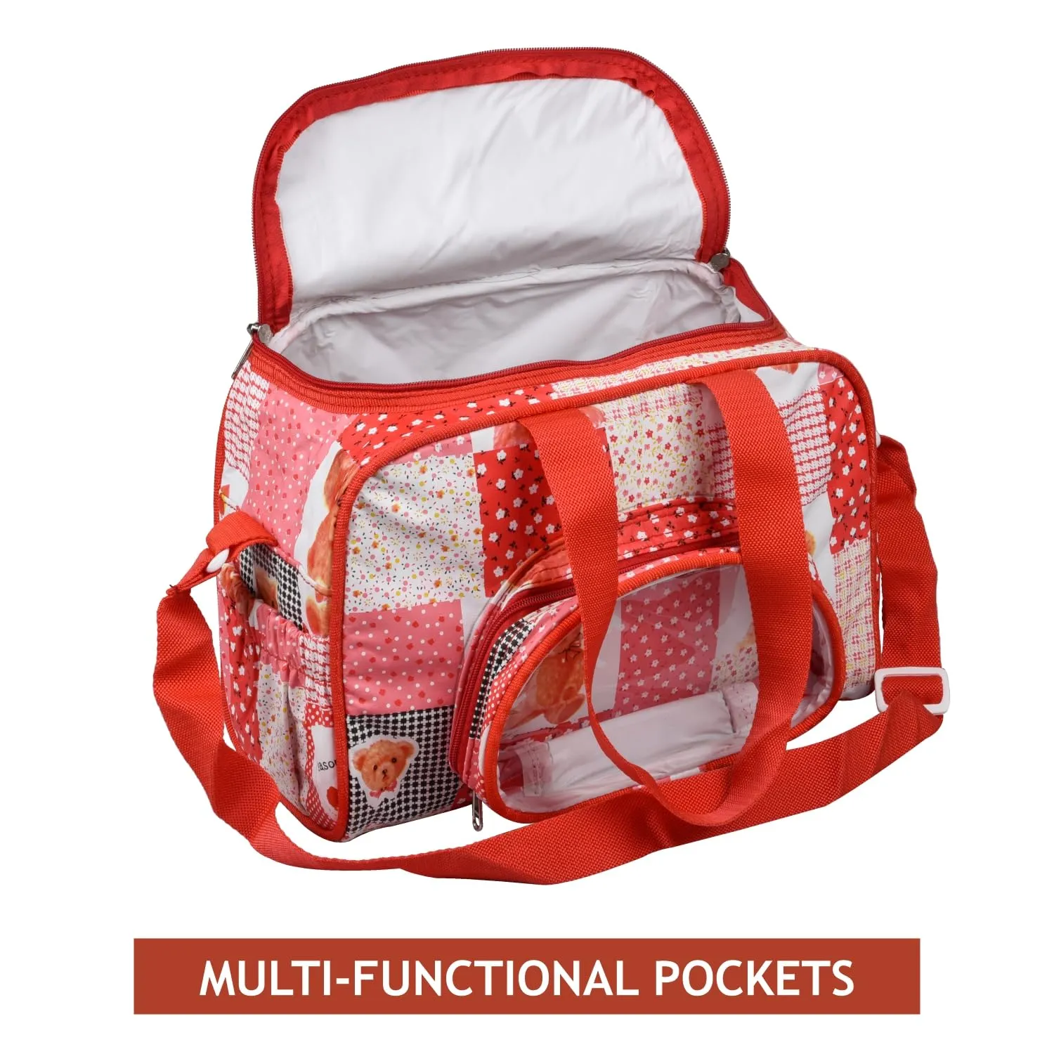 Kuber Industries Baby Diaper Bag | Maternity Diaper Changing Bag | Travel Diaper Bag | Diaper Bag for Mothers | Transparent D Pocket Baby Bag | Teddy Bear Diaper Bag with Straps | Red