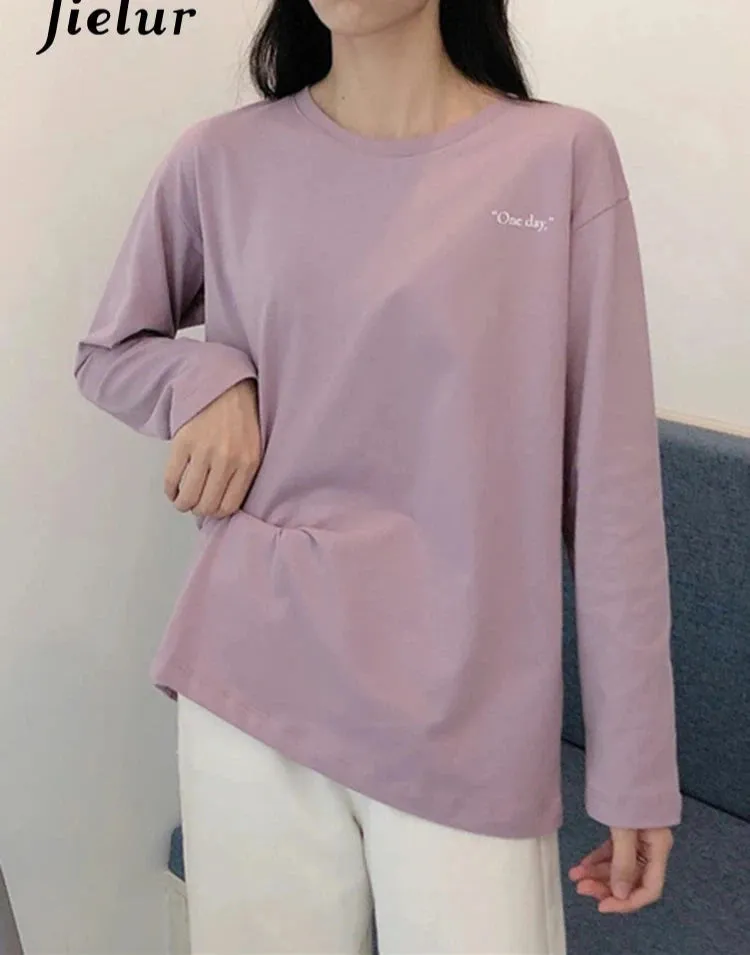 Leisure Black Tshirts Korean Style Simple Student All-match Long Sleeve T-shirt Women Classic Purple Female Tops