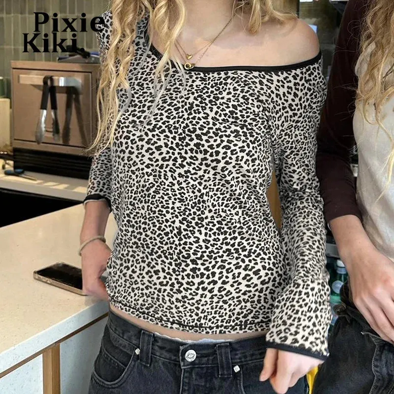 Leopard Print T Shirts Women Clothing Autum 2024 Streetwear Y2k 2000s Cheetah Long Sleeve Crop Tops for Girls P67-BZ13