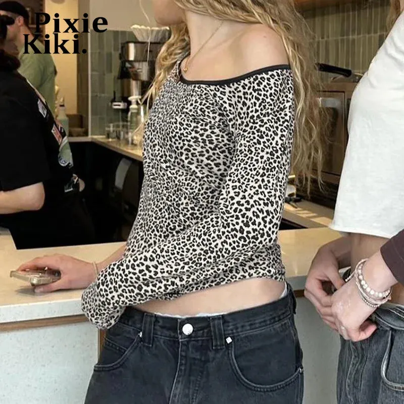 Leopard Print T Shirts Women Clothing Autum 2024 Streetwear Y2k 2000s Cheetah Long Sleeve Crop Tops for Girls P67-BZ13