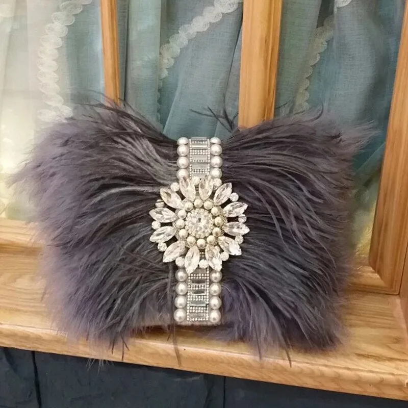 Luxury Real Ostrich Feathers Handbag Evening Bags Women's Pouch Purse Luxury Diamond Women Bags Evening Party Clutch Bag