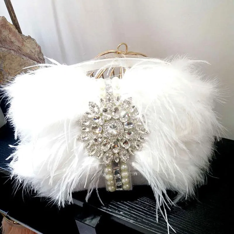 Luxury Real Ostrich Feathers Handbag Evening Bags Women's Pouch Purse Luxury Diamond Women Bags Evening Party Clutch Bag