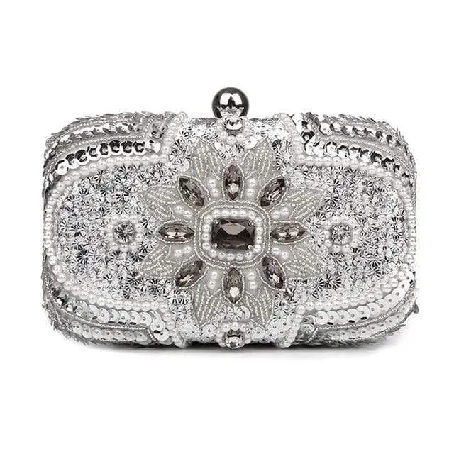 New Glitter Women Beaded Clutch Silver Evening Bags With Chains