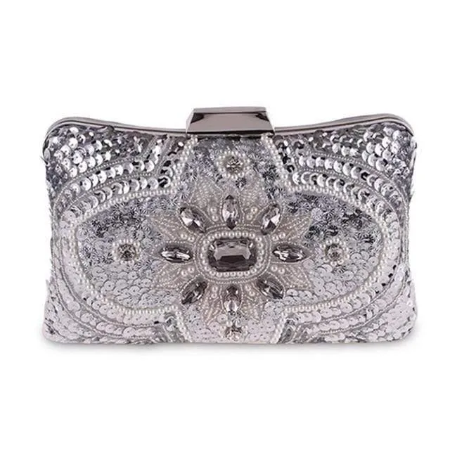 New Glitter Women Beaded Clutch Silver Evening Bags With Chains