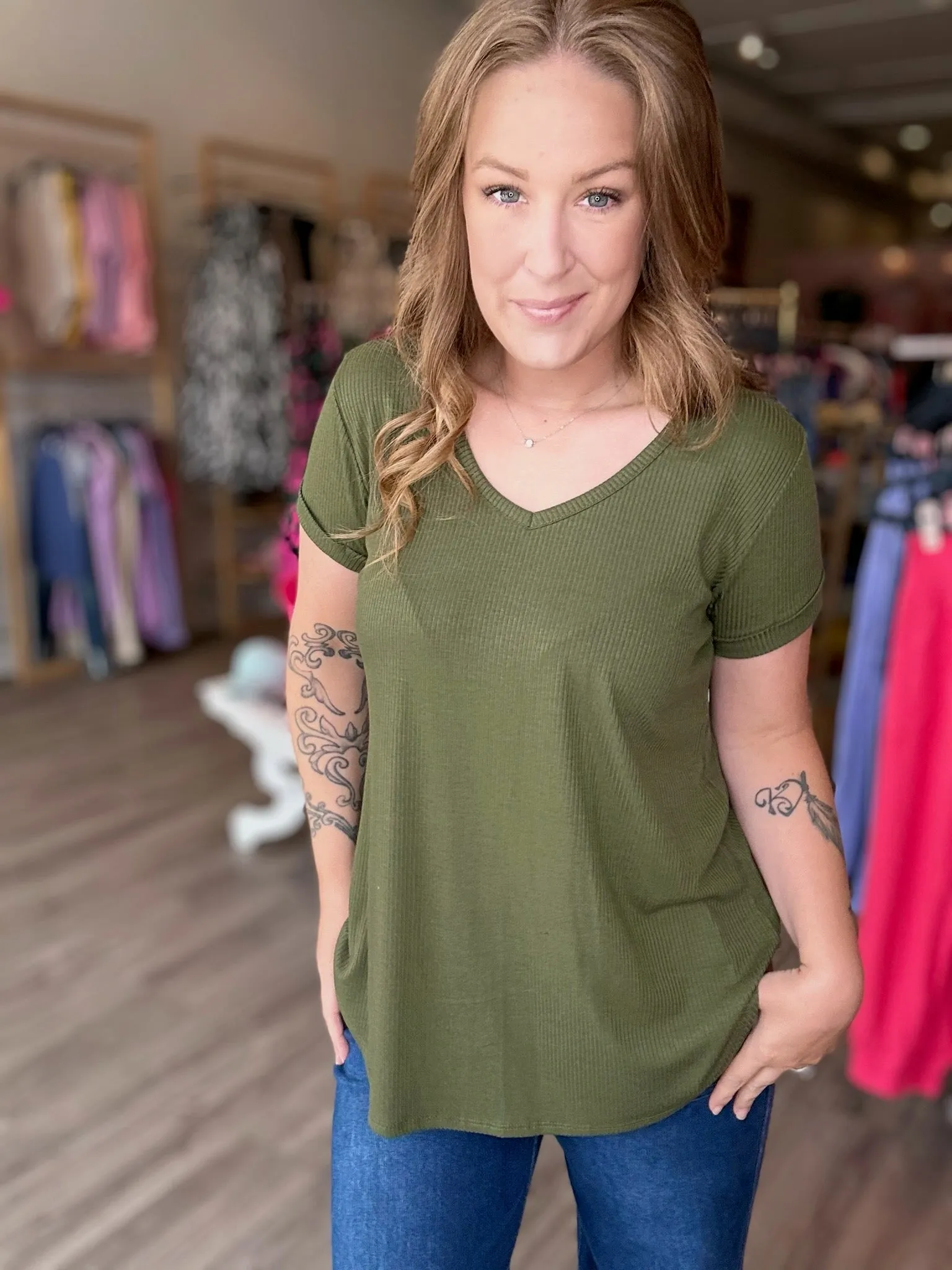 Olive Ribbed V-Neck Top