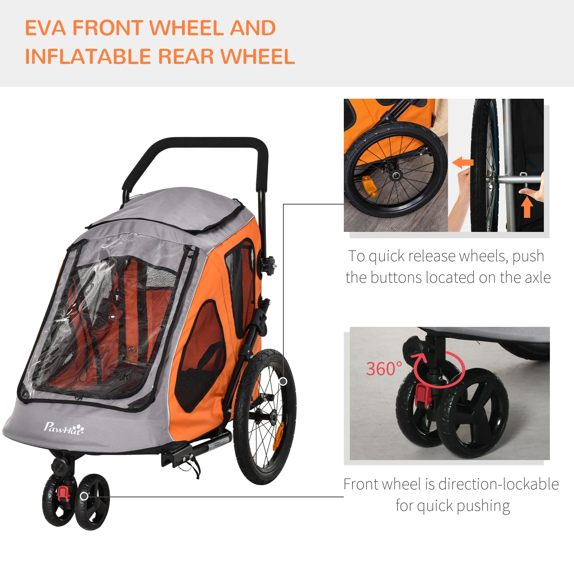 PawHut 2-IN-1 Dog Bike Trailer Pet Carrier Stroller Reflector 140 x 71 x 105cm