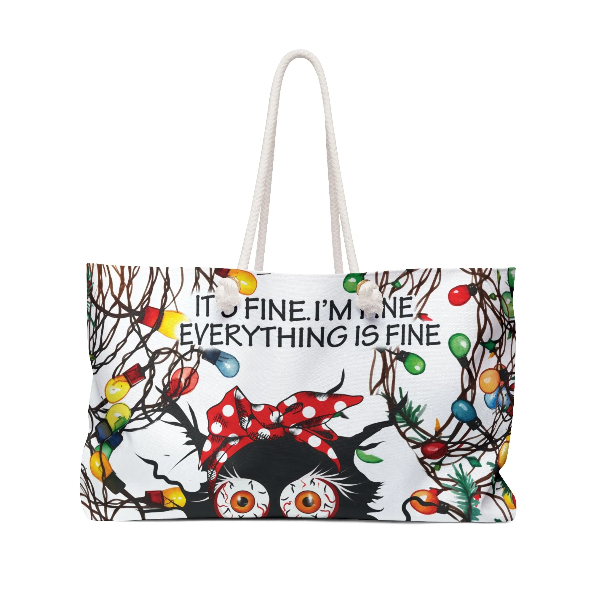 Personalised/Non-Personalised Weekender Bag, Cat, Funny Quote, I'm Fine Everything is Fine, Large Weekender Bag, Beach Bag, Book Bag