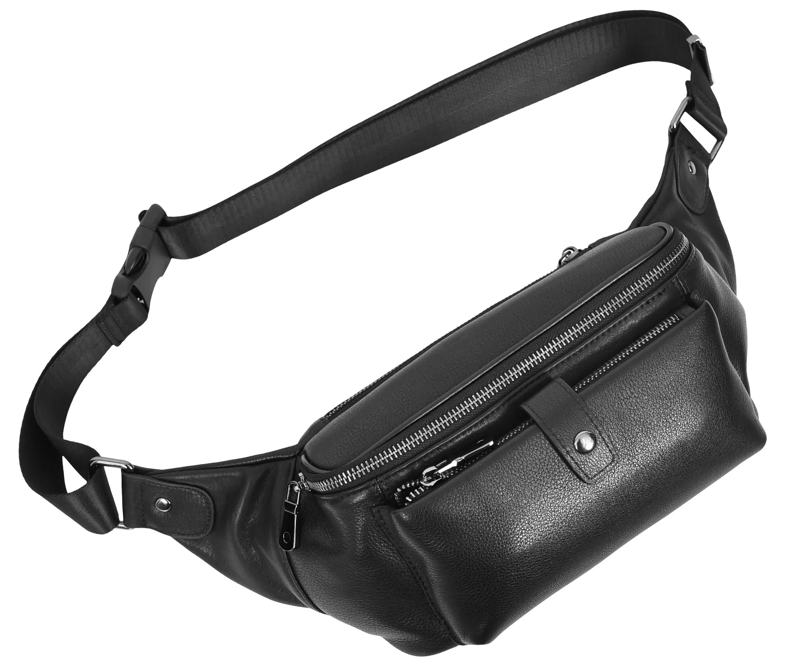 Real Leather Waist Pack Mobile Money Multiple Pockets Bum Bag Travel Pouch AY18 Black