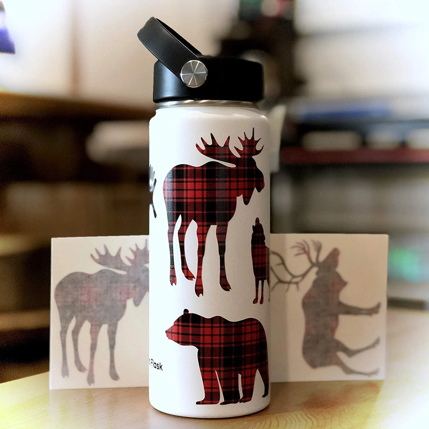 Red Plaid Bear Elk Wolf Moose, Forest 4 Pack Woodland Animals