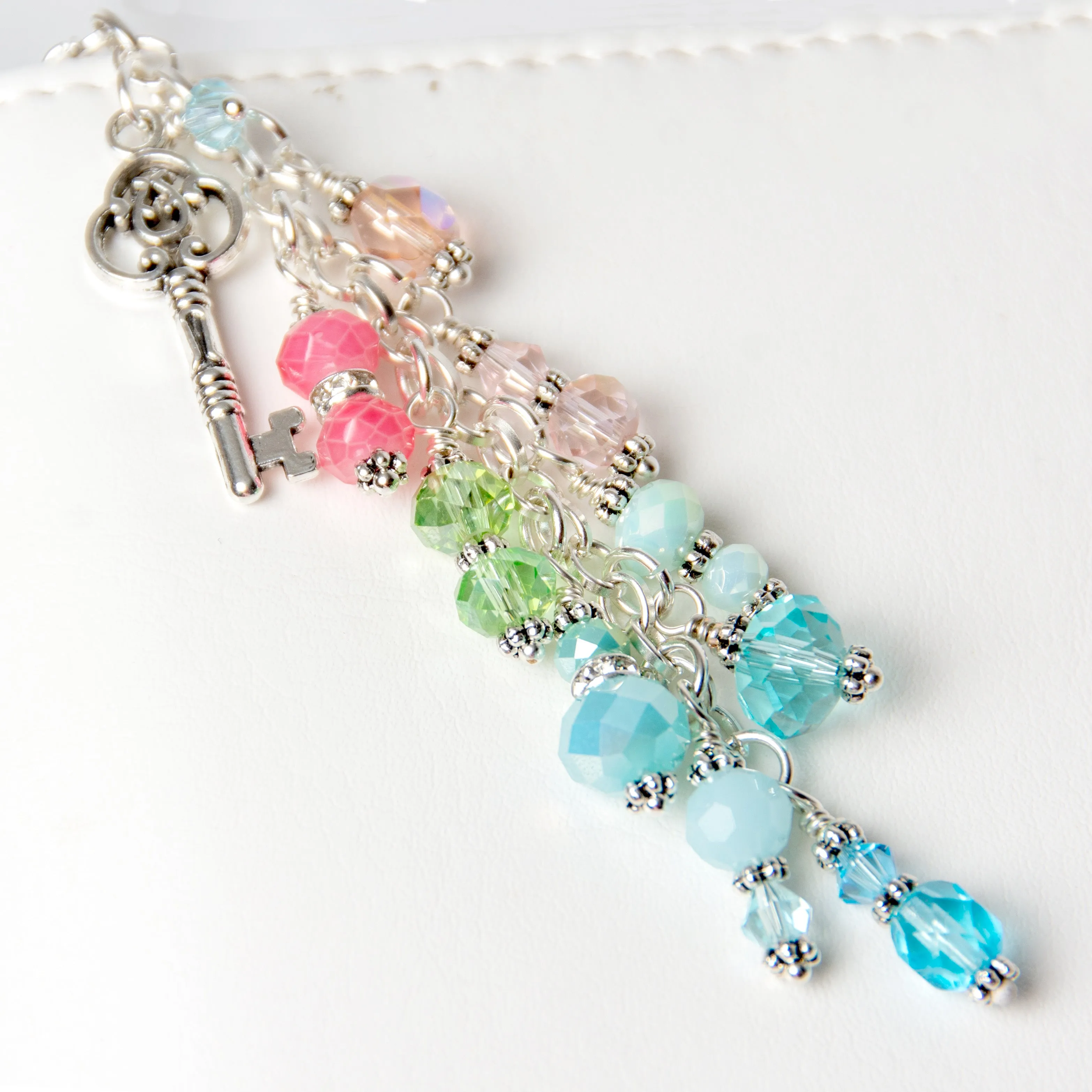 Silver Key Planner Charm with Pastel Crystal Dangle