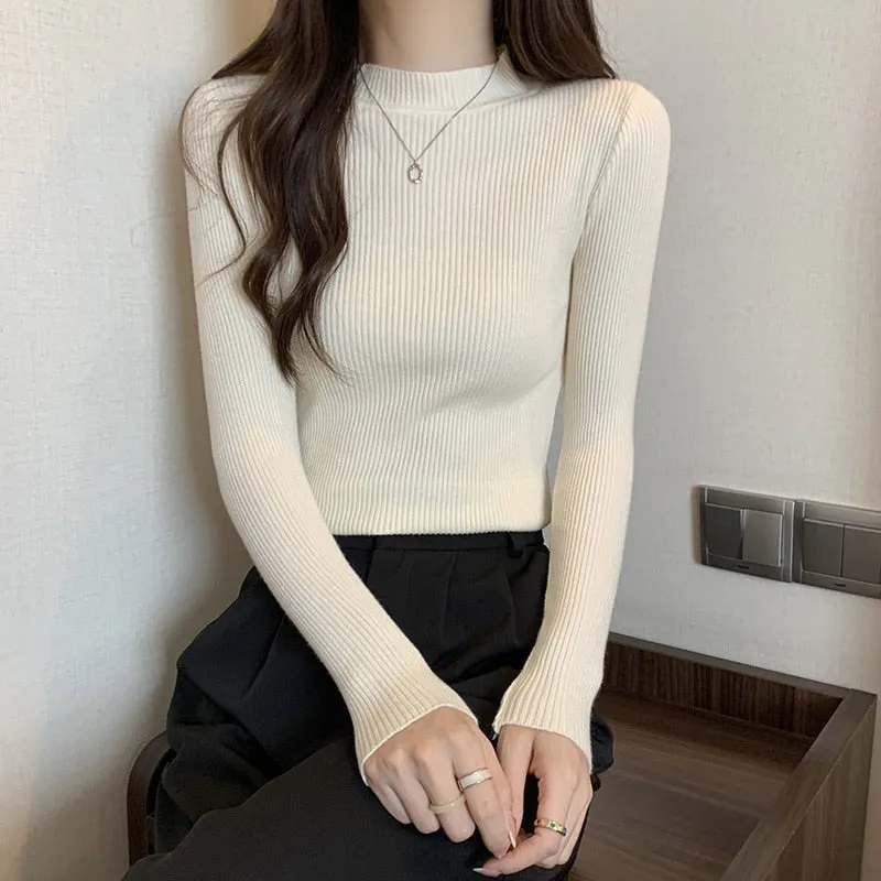 Simple Women Sweater Winter Stand Collar Fashion Pullover Elastic Knit Ladies Jumper Casual Solid Black Female Basic Tops