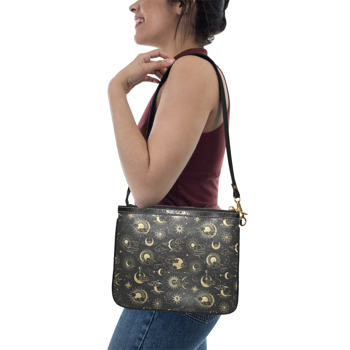 Sun Moon Small Shoulder Bag, Black Asian Women Leather with Unique Cross Evening Travel Handmade Messenger Crossbody Zipper Purse