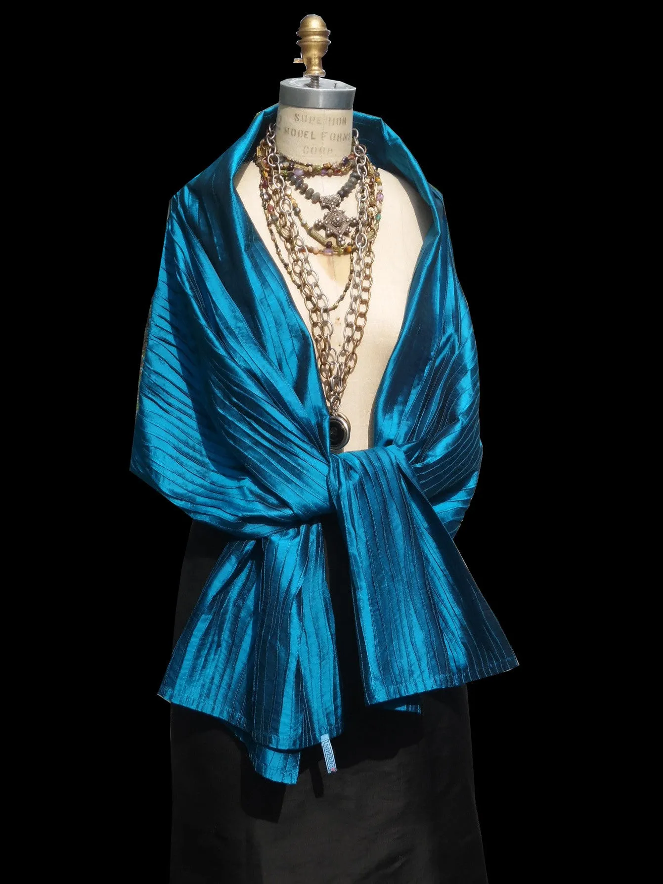 Thai Silk Pintuck Pleated Shawl Peacock