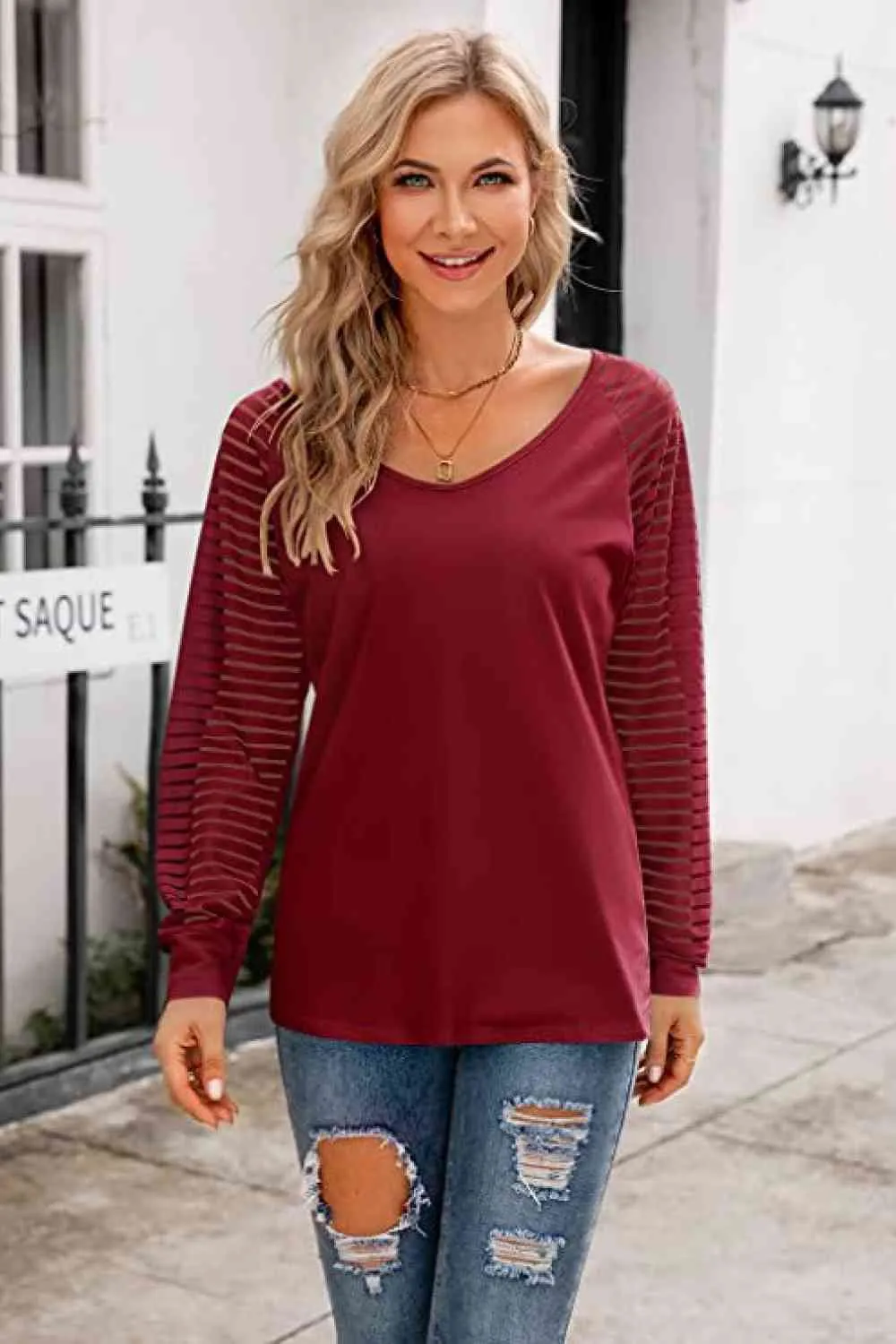 V-Neck Long Raglan Sleeve Top