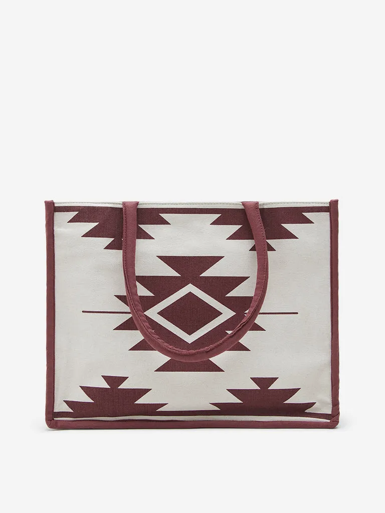 Westside Beige & Maroon Geometric Printed Tote Bag