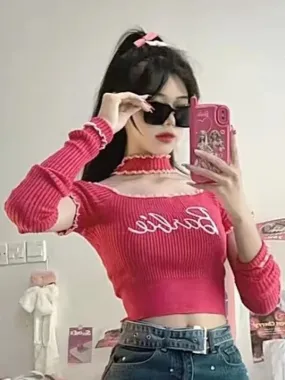 Y2k Embroidery Kni Pullovers Women Spring Letter T Shirt Korean Sexy Crop Off Shoulder Top Korean Fashion Kpop